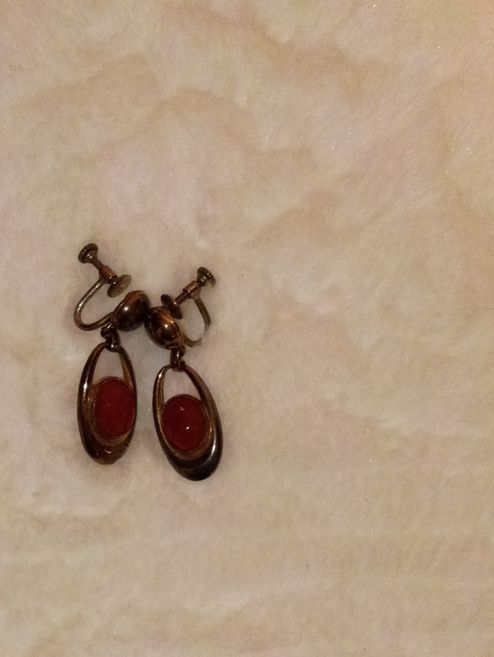 Vintage Oval Drop Screwback Earrings with Red Cabochon